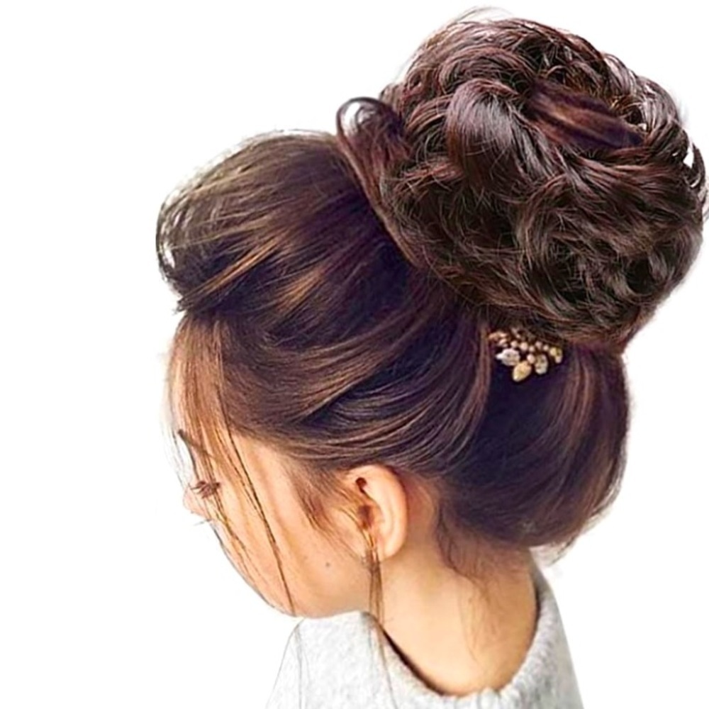 MESSY Hair Bun Extension Curly Wavy Updo Dark Drown~Auburn NIP